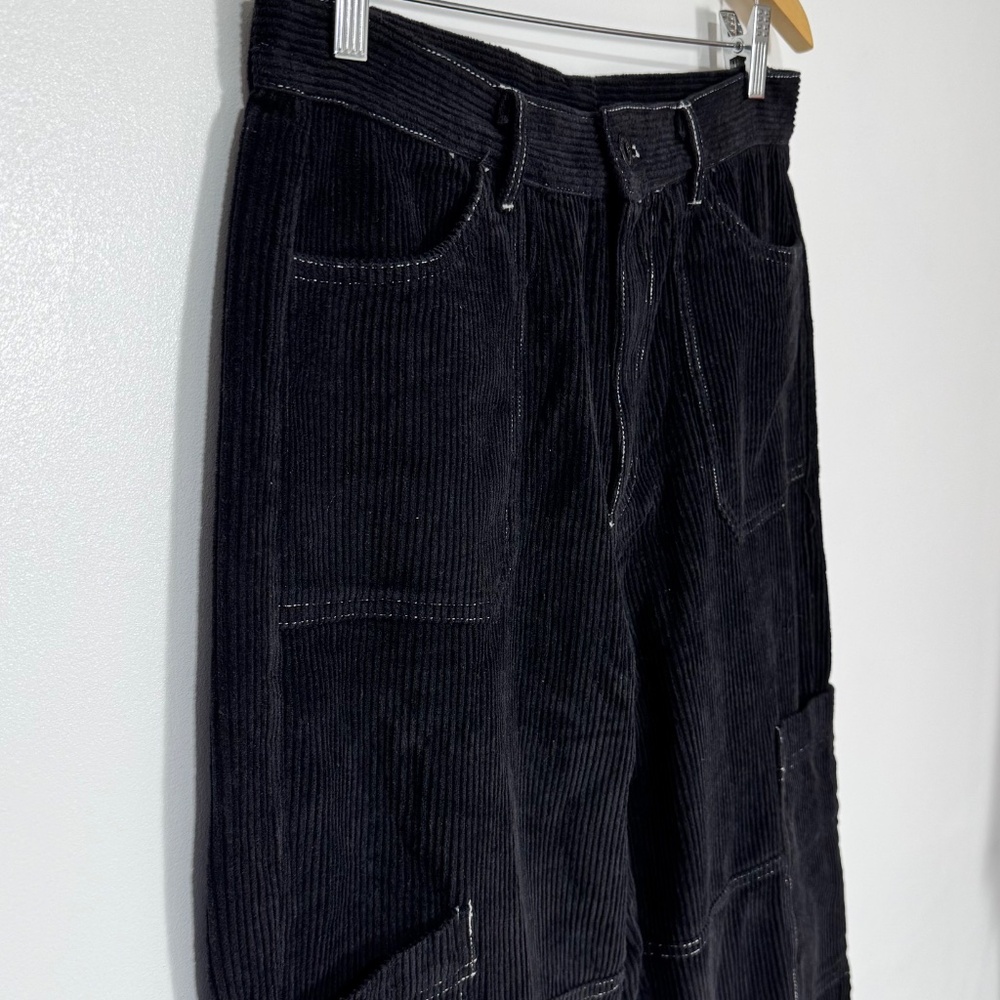 Corduroy Cargo Pants Black Contrast Stitch Wide Leg Miss Love Women’s Size M